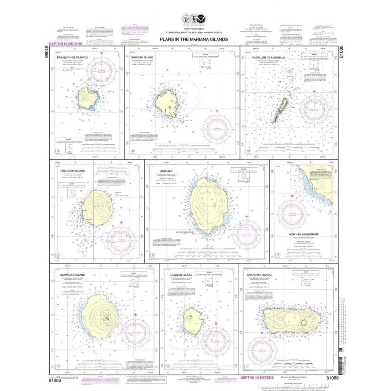 Carte marine NOAA - 81086 - Plans des Îles Mariannes (système métrique) - Mouillage d'Agrihan - Agrihan - Île Anatahan - Île A