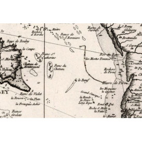 Toile tendue carte marine ancienne de la Côte de la Normandie, Bretagne, Chausey et Jersey en 1750