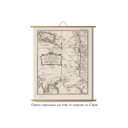 Toile tendue carte marine ancienne de la Côte de la Normandie et Bretagne, Chausey, Jersey en 1750