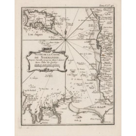 Toile tendue carte marine ancienne de la Côte de la Normandie et Bretagne, Chausey, Jersey en 1750