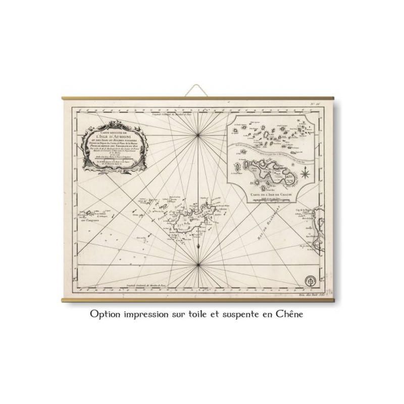 Toile tendue carte marine ancienne des îles d'Aurigny et de Chausey en 1750