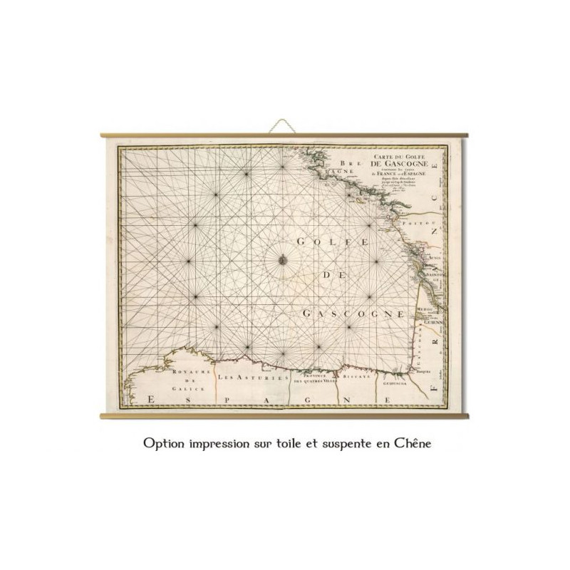 Toile tendue carte marine ancienne de Golfe de Gascogne en 1693