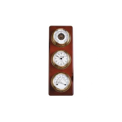 Station météo sur platine en bois (horloge, baromètre, hygromètre, thermomètre)