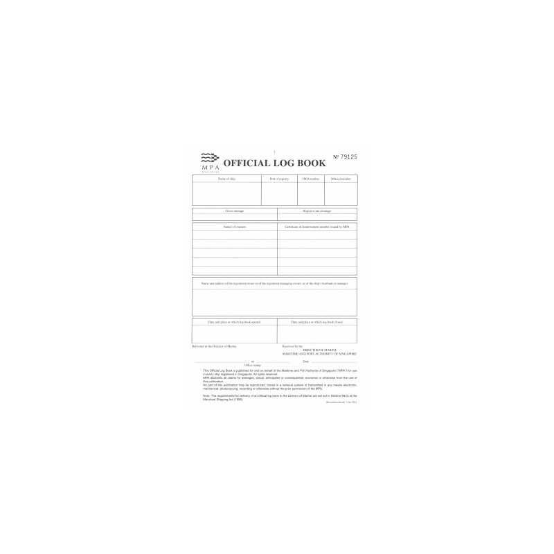 EW Liner Charts & Pubs PTE Ltd - LBK0148 - Singapore MPA Official Log Book