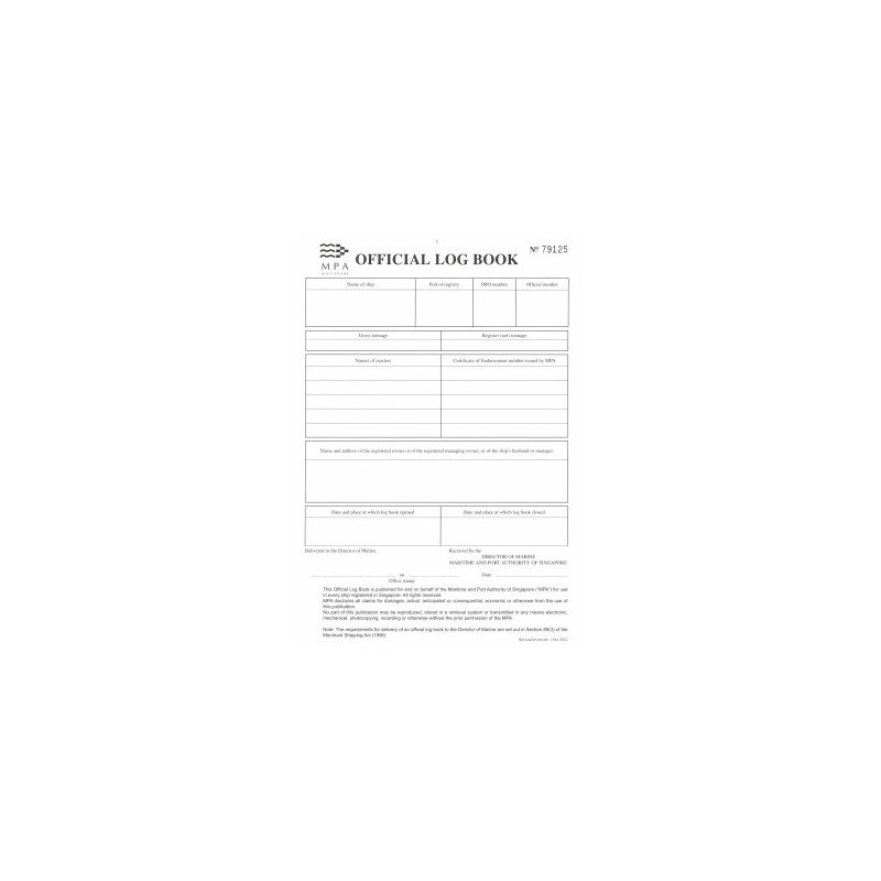 EW Liner Charts & Pubs PTE Ltd - LBK0148 - Singapore MPA Official Log Book