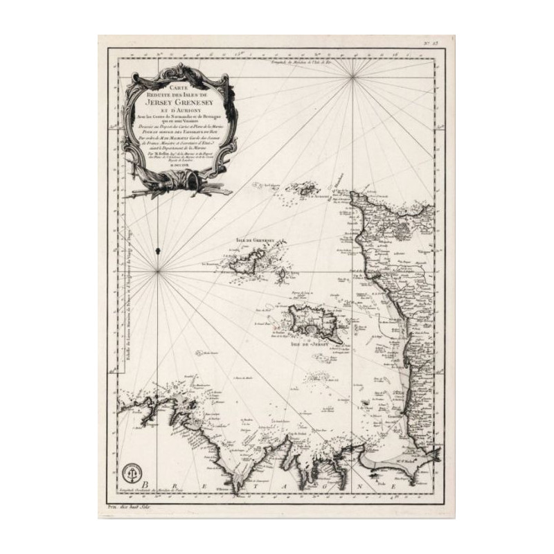 Reproduction carte marine ancienne de la Côte de la Normandie et Bretagne, Chausey, Jersey en 1750 - V2