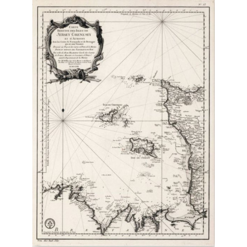 Reproduction of old nautical chart of the Normandy and Brittany, Chausey, Jersey in 1750 - V2