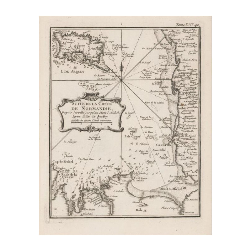 Reproduction carte marine ancienne de la Côte de la Normandie et Bretagne, Chausey, Jersey en 1750 - V1