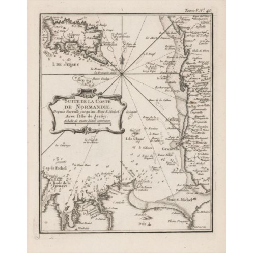 Reproduction carte marine ancienne de la Côte de la Normandie et Bretagne, Chausey, Jersey en 1750 - V1