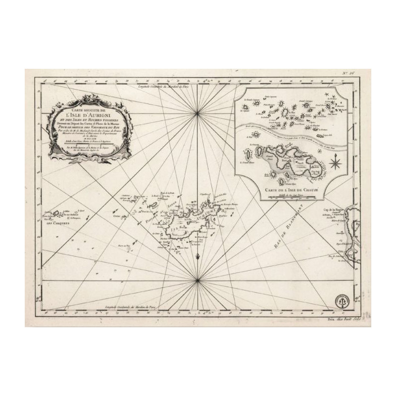 Reproduction of old nautical chart of the islands of Alderney and Chausey in 1750