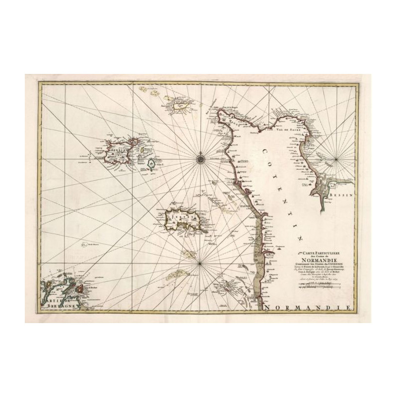 Reproduction of old nautical chart of the Cotentin Peninsula in 1693