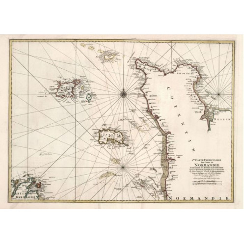 Reproduction of old nautical chart of the Cotentin Peninsula in 1693