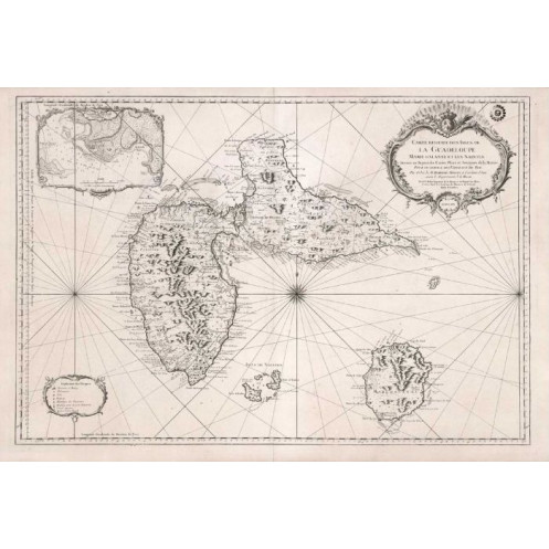 Reproduction carte marine ancienne de la Guadeloupe en 1759