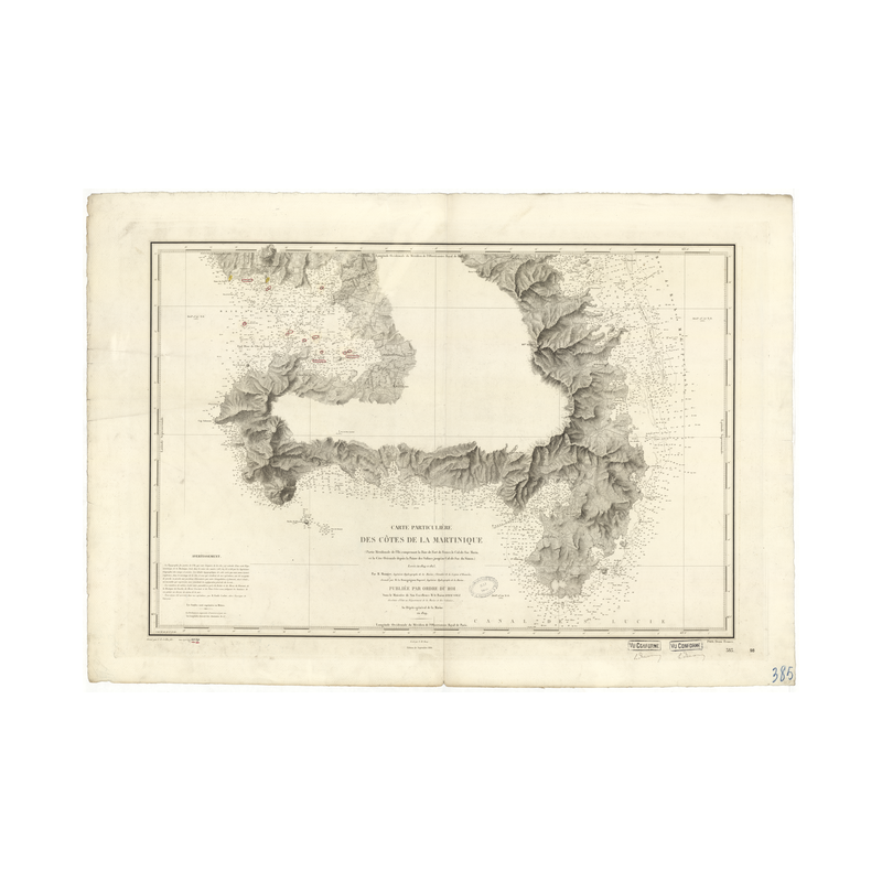 Reproduction carte marine ancienne Shom - 385 - ANTILLES, MARTINIQUE (Côte Sud), VAUCLIN (Pointe), NEGRES (Pointe), VAU