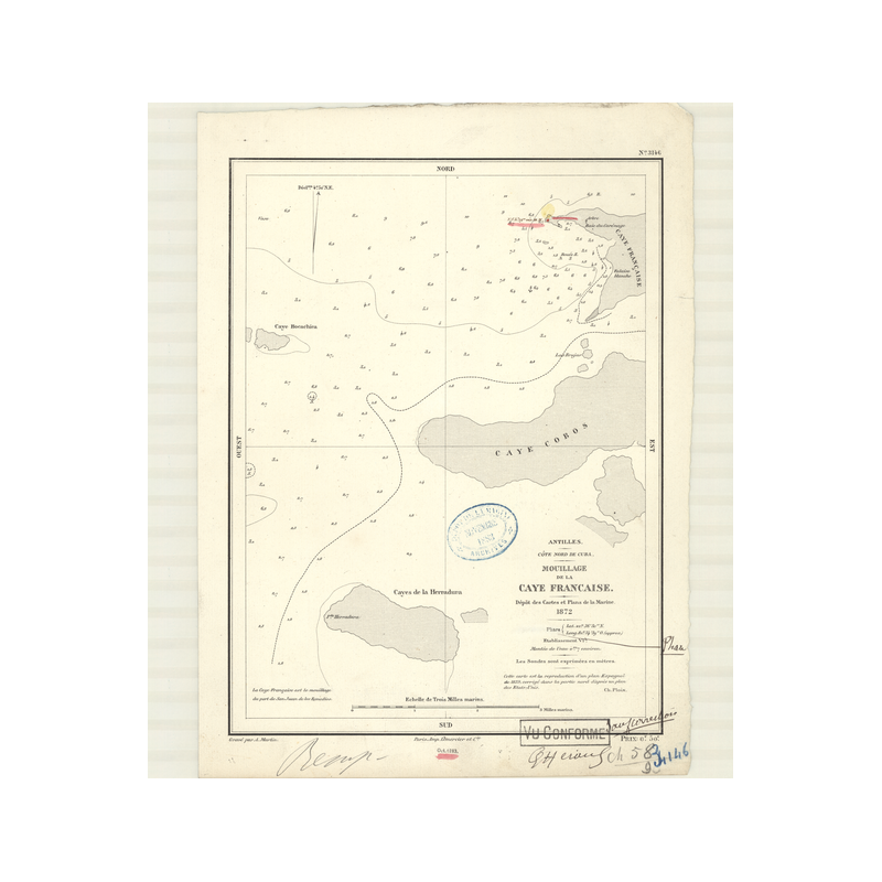 Reproduction carte marine ancienne - 3146 - ANTILLES, FRANCAISE (Caye) - CUBA (Côte Nord) - ATLANTIQUE, ANTILLES (Mer) - (1872 -