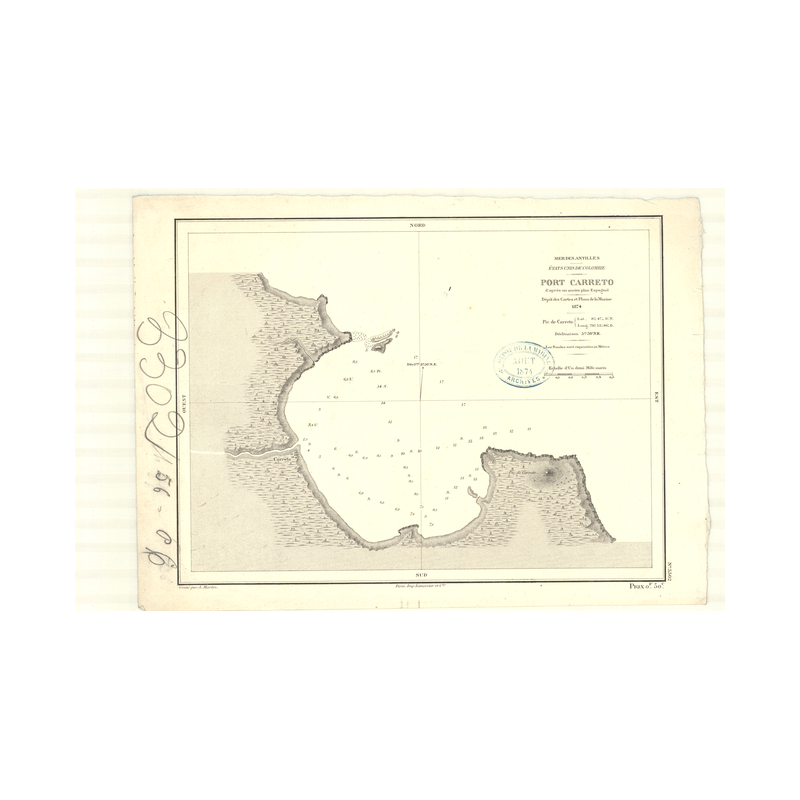 Reproduction carte marine ancienne Shom - 3302 - CARRETO (Port) - pANAMA,COLOMBIE - Atlantique,AMERIQUE de SUD (Côte No