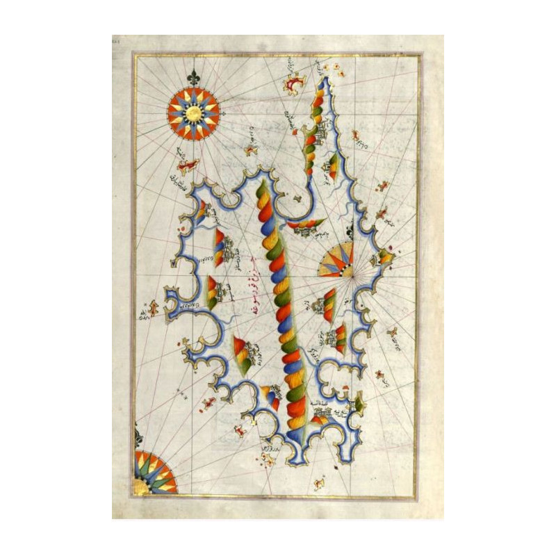 Reproduction carte marine ancienne Portulan Turc de la Corse en 1525 sens verticale