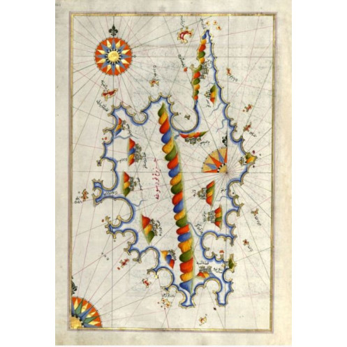 Reproduction of old nautical chart of Turkish portulan of Corsica in 1525 vertical direction