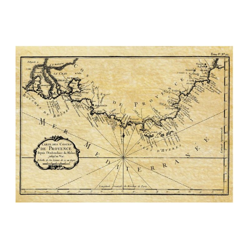 Reproduction carte marine ancienne portulan de la provence en 1764