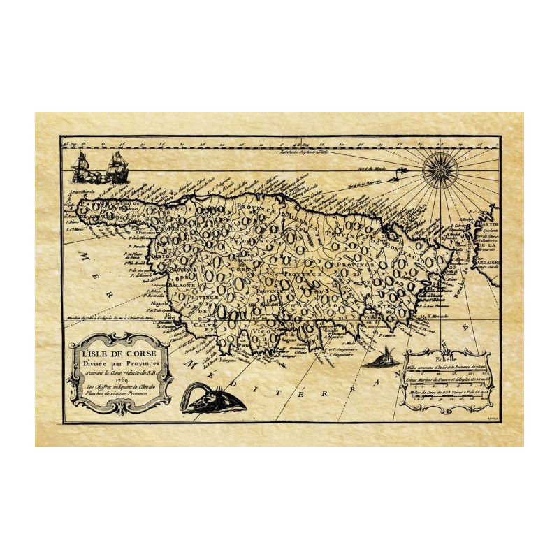 Reproduction carte marine ancienne de la Corse en 1769