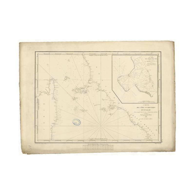 Reproduction carte marine ancienne Shom - 983 - CORSE, LIVOURNE, TIBRE (Embouchure) - ITALIE (Côte Ouest) - MEDITERRANE