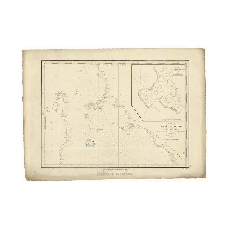 Reproduction carte marine ancienne - 983 - CORSE, LIVOURNE, TIBRE (Embouchure) - ITALIE (Côte Ouest) - MEDITERRANEE, TYRRHENIENN