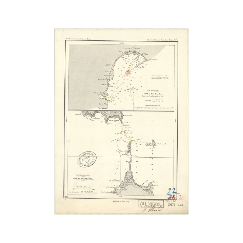 Reproduction carte marine ancienne Shom - 2871 - BALEARES (îles), MAJORQUE (île), pALMA (Port) - MEDITERRANEE - (1870