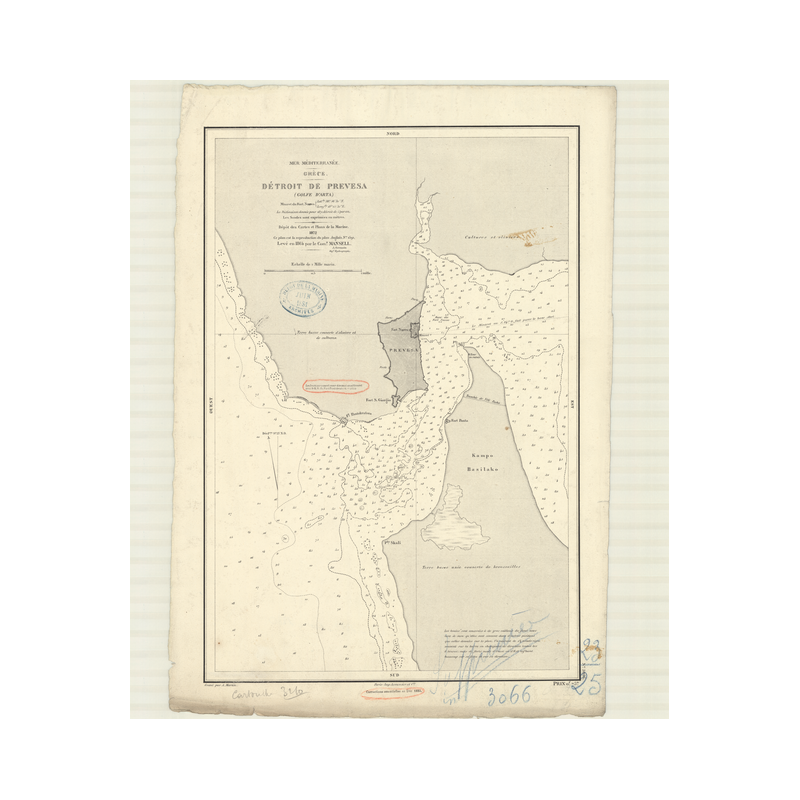 Reproduction carte marine ancienne Shom - 3066 - ARTA (Golfe), pREVESA (Détroit) - GRECE - MEDITERRANEE,IONIENNE (Mer)