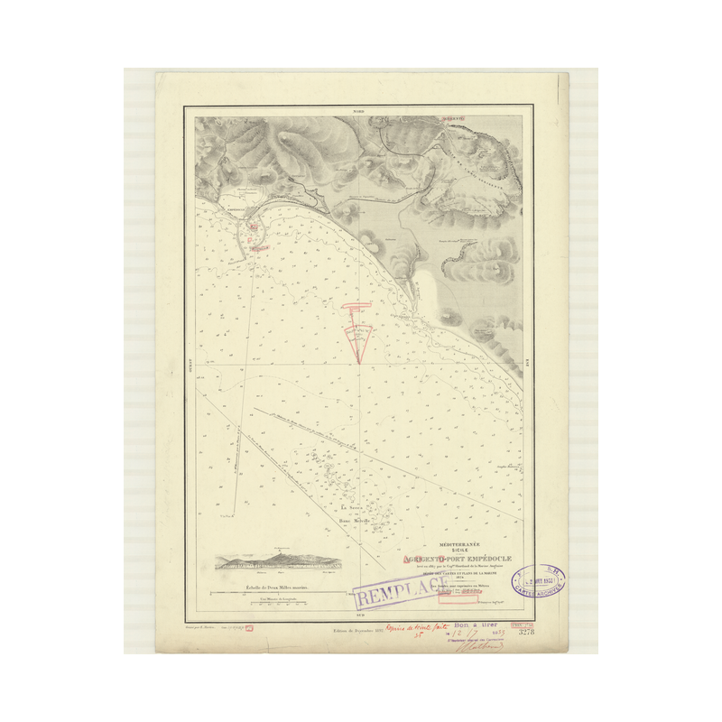 Reproduction carte marine ancienne Shom - 3278 - SICILE (Côte Sud-Ouest), EMPEDOCLE (Port), GIRGENTI-PORT EMPEDOCLE - M