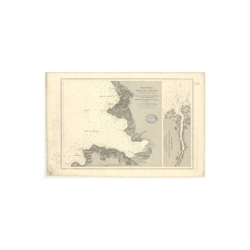 Reproduction carte marine ancienne Shom - 3534 - TRIESTE (Port), MUGGIA (Baie) - MEDITERRANEE,ADRIATIQUE (Mer) - (1877 -