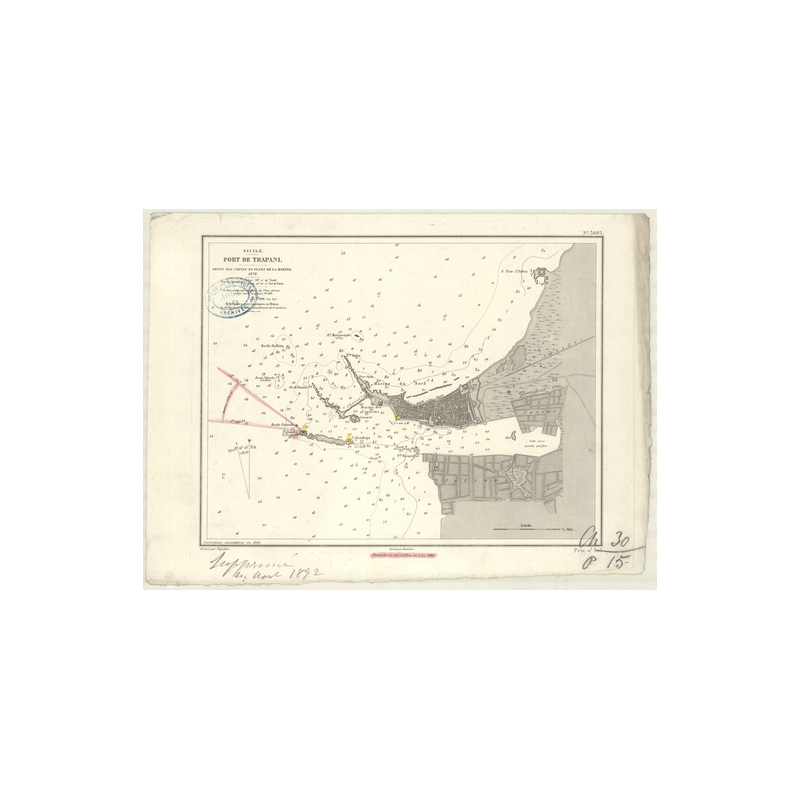 Reproduction carte marine ancienne Shom - 3605 - SICILE (Côte Ouest), TRAPANI (Port) - MEDITERRANEE,TYRRHENIENNE (Mer)