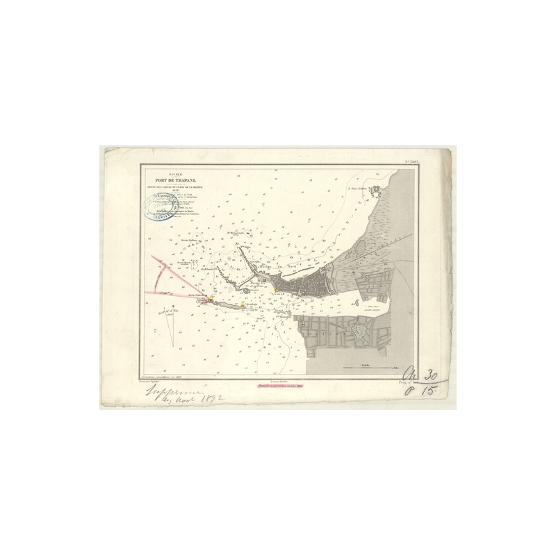 Reproduction carte marine ancienne - 3605 - SICILE (Côte Ouest), TRAPANI (Port) - MEDITERRANEE, TYRRHENIENNE (Mer) - (1878 - 189
