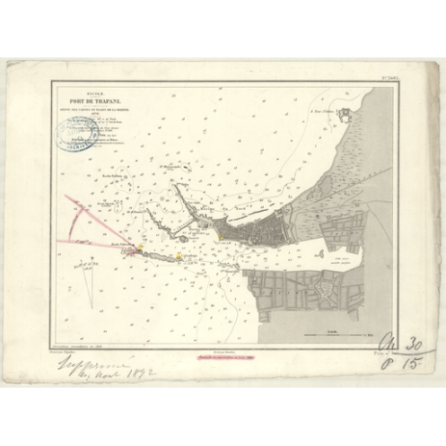 Reproduction carte marine ancienne Shom - 3605 - SICILE (Côte Ouest), TRAPANI (Port) - MEDITERRANEE,TYRRHENIENNE (Mer)