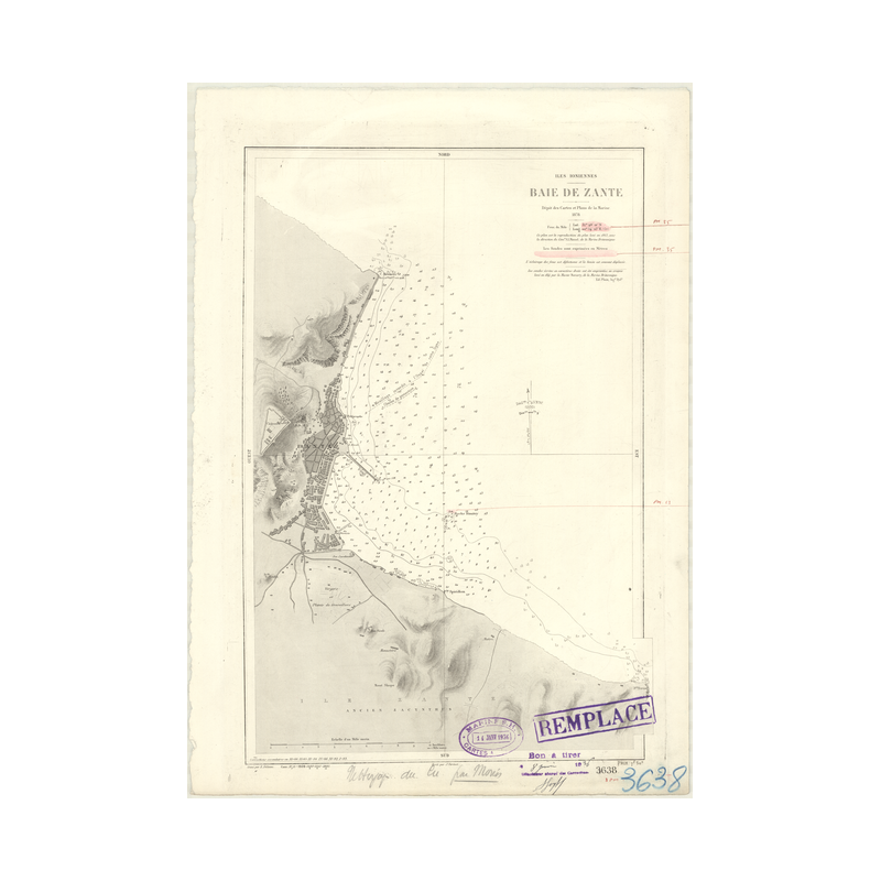 Reproduction carte marine ancienne Shom - 3638 - IONIENNES (îles), ZANTE (Baie) - GRECE (Côte Ouest) - MEDITERRANEE,IO