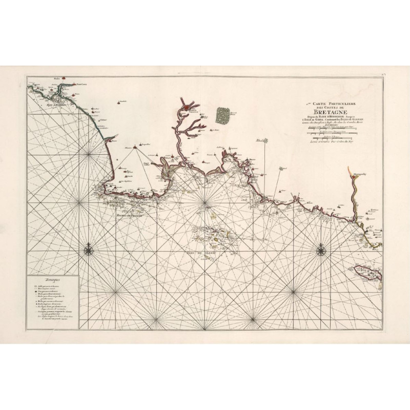 Reproduction of old nautical chart from Audierne Bay to Groix Island in 1693