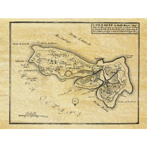 Reproduction of old nautical chart of the Isle of Ré in 1696 by "Basse Marée"