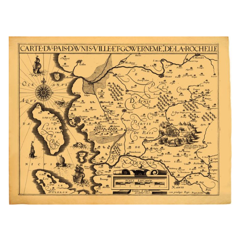 Reproduction carte marine ancienne de pays d'Aunis et de la Rochelle en 1621