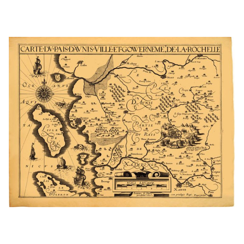 Reproduction of old nautical chart of the Pays d'Aunis and La Rochelle in 1621