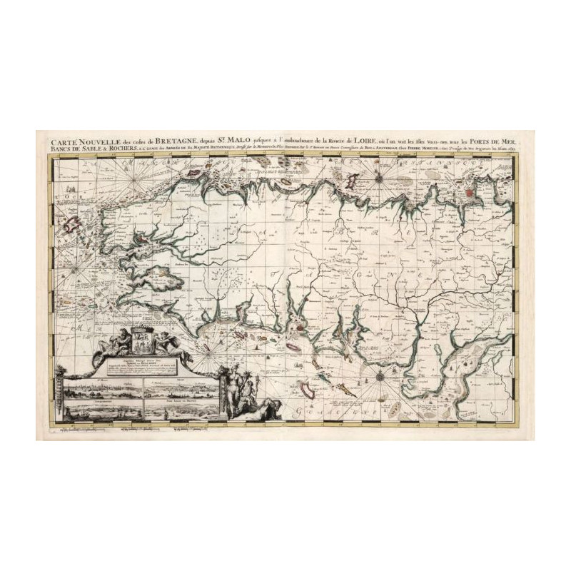 Reproduction of old nautical chart of Brittany in 1693