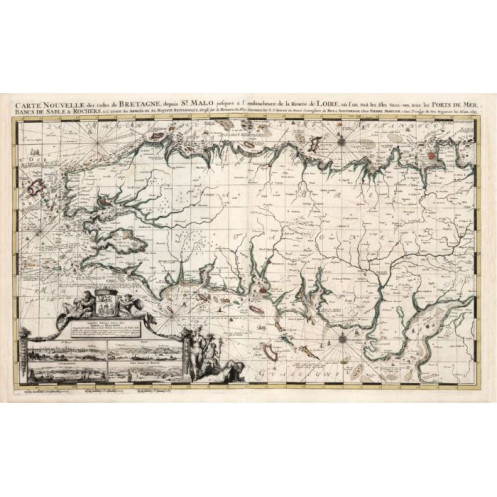 Reproduction of old nautical chart of Brittany in 1693