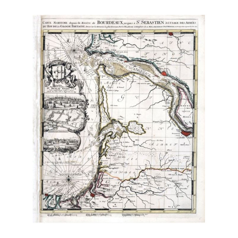 Reproduction of old nautical chart from Bordeaux to Saint-Sebastien in 1693