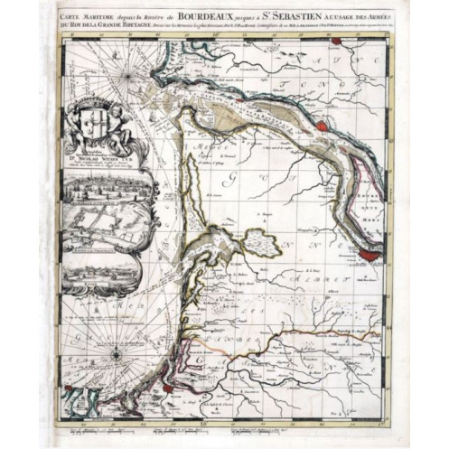 Reproduction of old nautical chart from Bordeaux to Saint-Sebastien in 1693