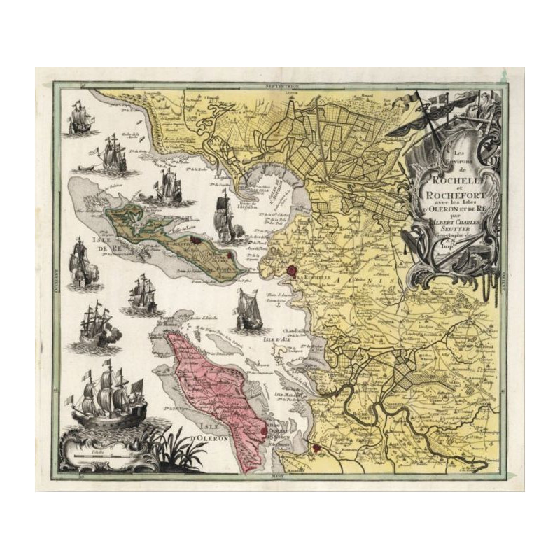 Reproduction of old nautical chart of La Rochelle, Rochefort, and Oléron in 1750