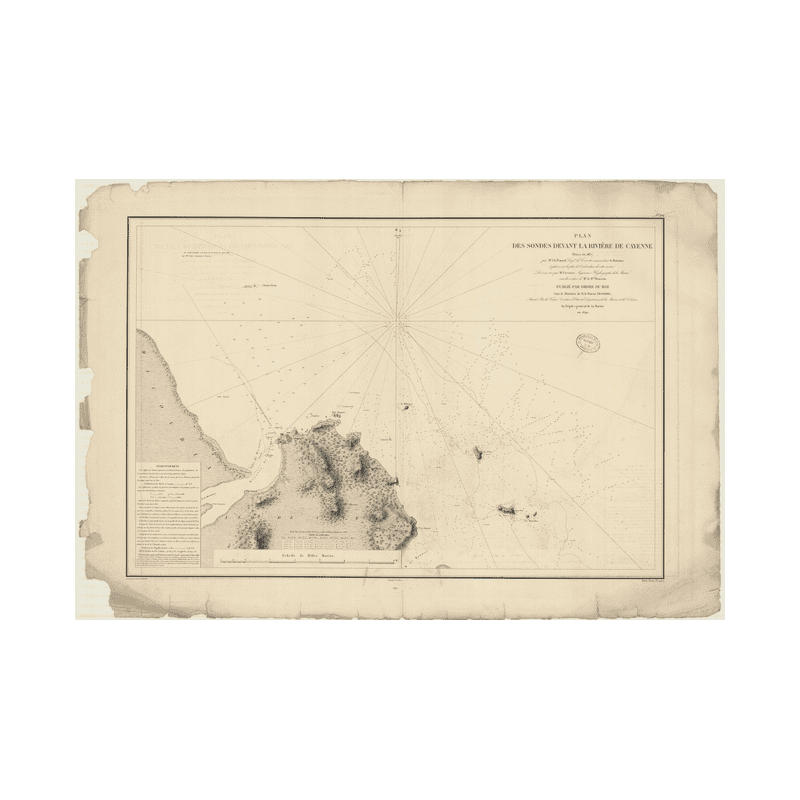Reproduction carte marine ancienne - 904 - GUYANE FRANCAISE, CAYENNE (Abords) - ATLANTIQUE, AMERIQUE DU SUD (Côte Nord) - (1840