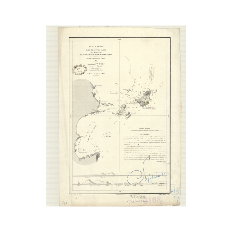 Reproduction carte marine ancienne Shom - 3168 - pATAGONIE (Côte Est), OURS MARIN (Baie), SEA BEAR BAY, pINGOUINS (île