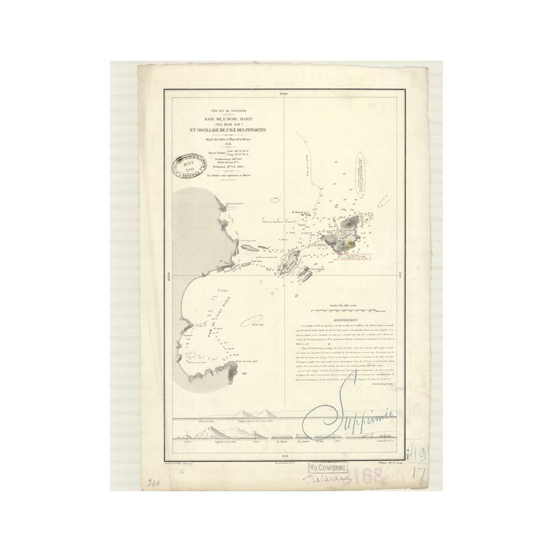 Carte marine ancienne - 3168 - PATAGONIE (Côte Est), OURS MARIN (Baie), SEA BEAR BAY, PINGOUINS (île) - ARGENTINE - ATLANTIQUE,