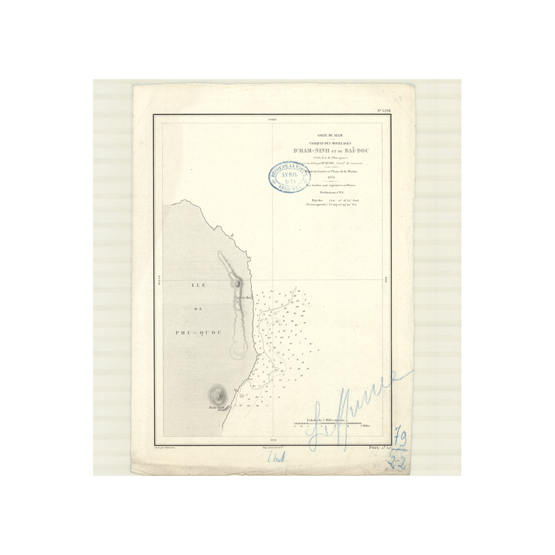 Reproduction carte marine ancienne Shom - 3298 - pHU-QUOC (île), HAM-NINH (Mouillage), BAI-DOC (Mouillage) - pACIFIQUE,