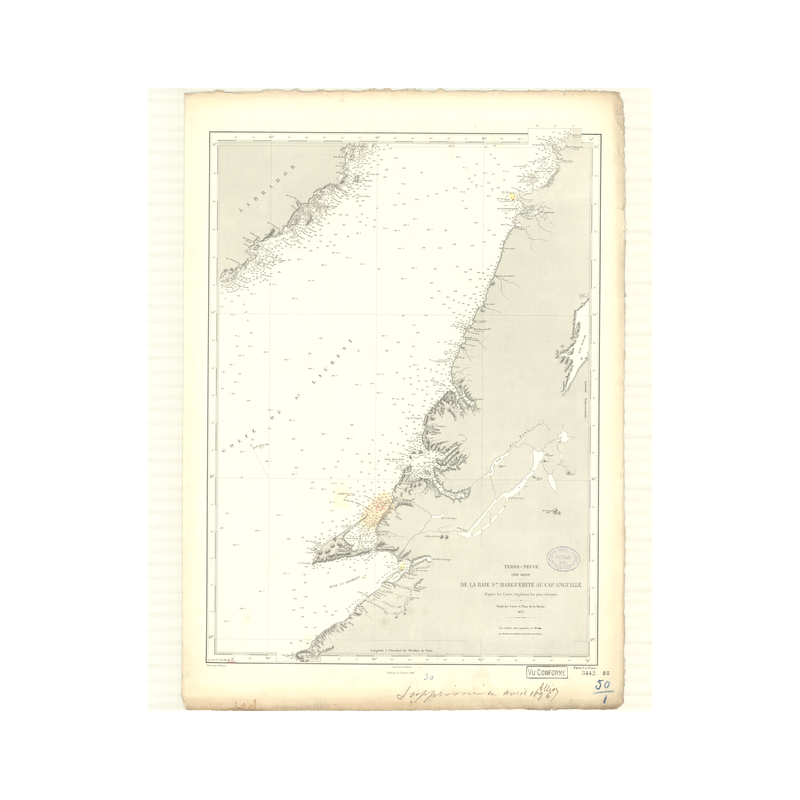Reproduction carte marine ancienne Shom - 3442 - TERRE-NEUVE (Côte Ouest), SAINTE MARGUERITE (Baie), ANGUILLE (Cap) - C