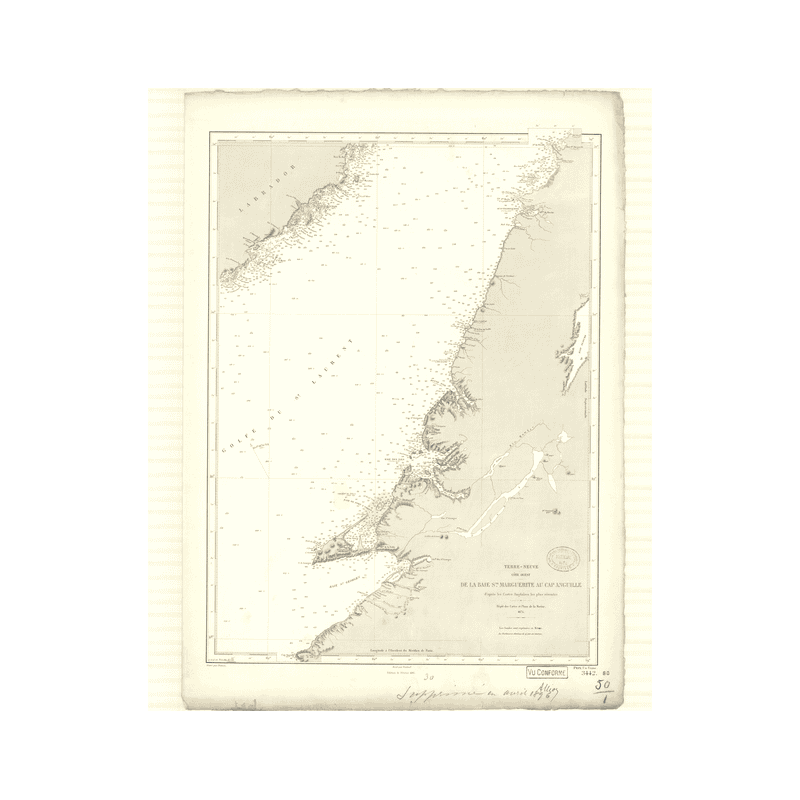 Reproduction carte marine ancienne Shom - 3442 - TERRE-NEUVE (Côte Ouest), SAINTE MARGUERITE (Baie), ANGUILLE (Cap) - C