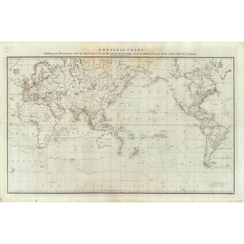 Reproduction of old nautical chart of the world in 1785 - Captain Cook's expeditions